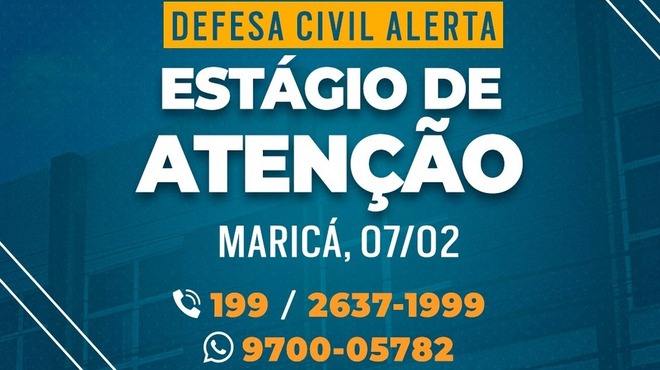 O município de Maricá entrou em estágio de atenção às 14h30 desta segunda-feira (0702) devido à possibilidade de pancadas de chuvas fraca a moderada com raios e, ocasionalmente, forte durante a noite.