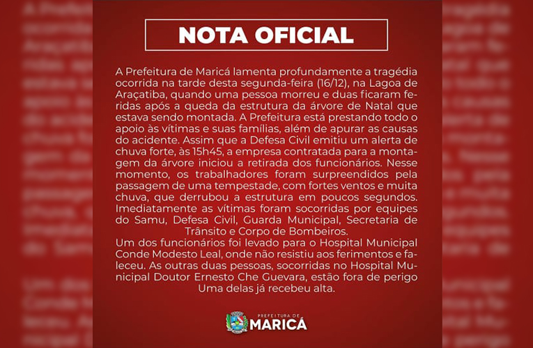 Prefeitura de Maricá Lamenta Tragédia e Presta Suporte às Vítimas do Desabamento da Árvore de Natal