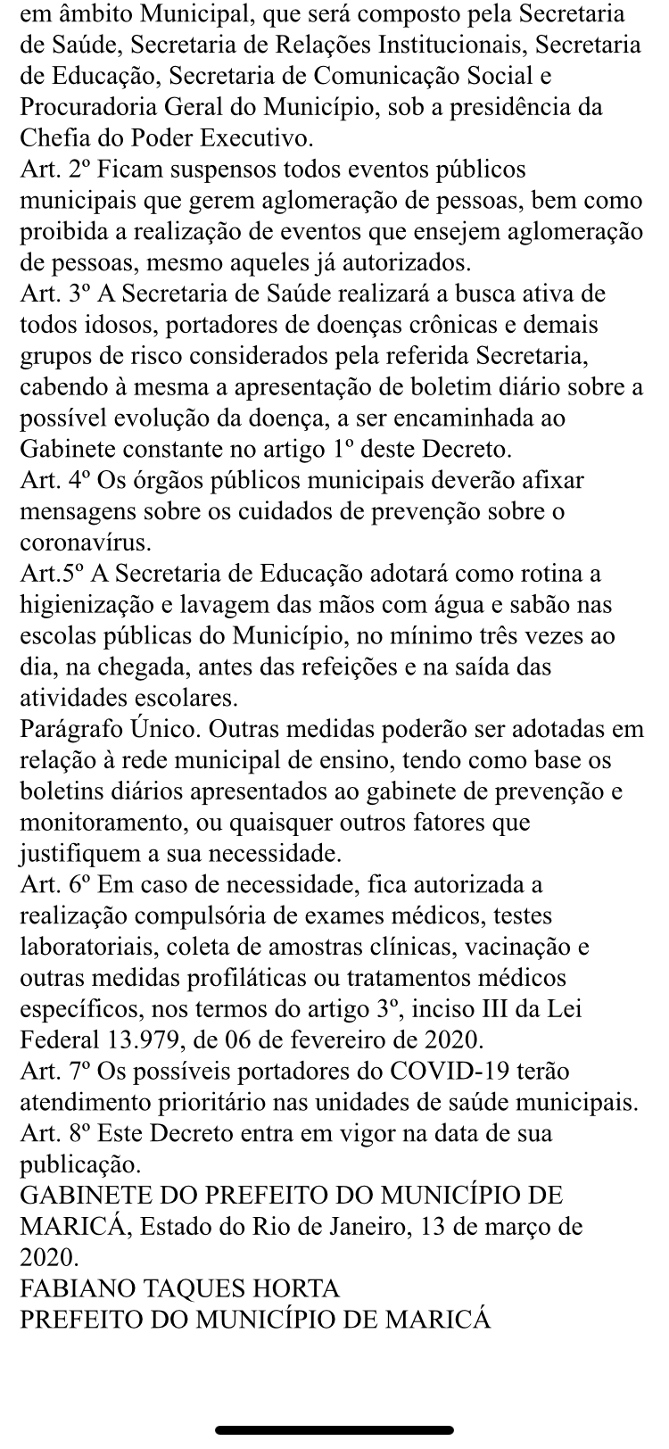 Decreto 497 13/03/2020 Maricá Coronavírus
