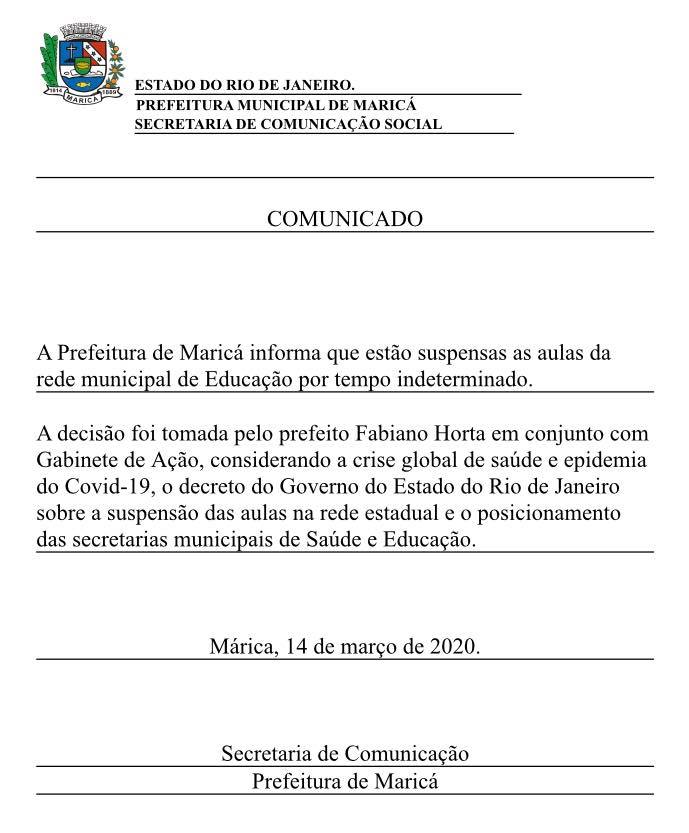 aulas suspensas Comunicado