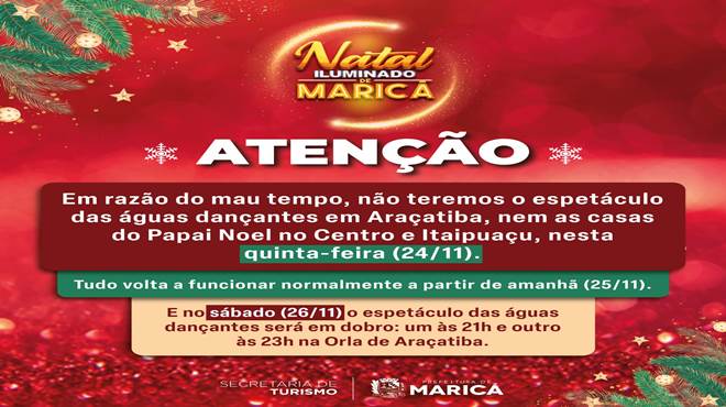 Espetáculo das Águas Dançantes e Casa do Papai Noel não funcionam nesta quinta (24/11) por causa do mau tempo