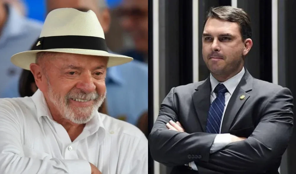 Presidente Lula e senador Flávio Bolsonaro em composição gráfica sobre intenções de voto para a eleição presidencial