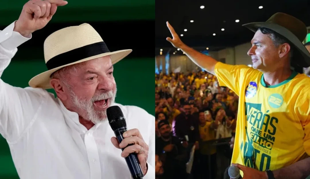 Lula e Flávio Bolsonaro em campanha eleitoral, retratados lado a lado
