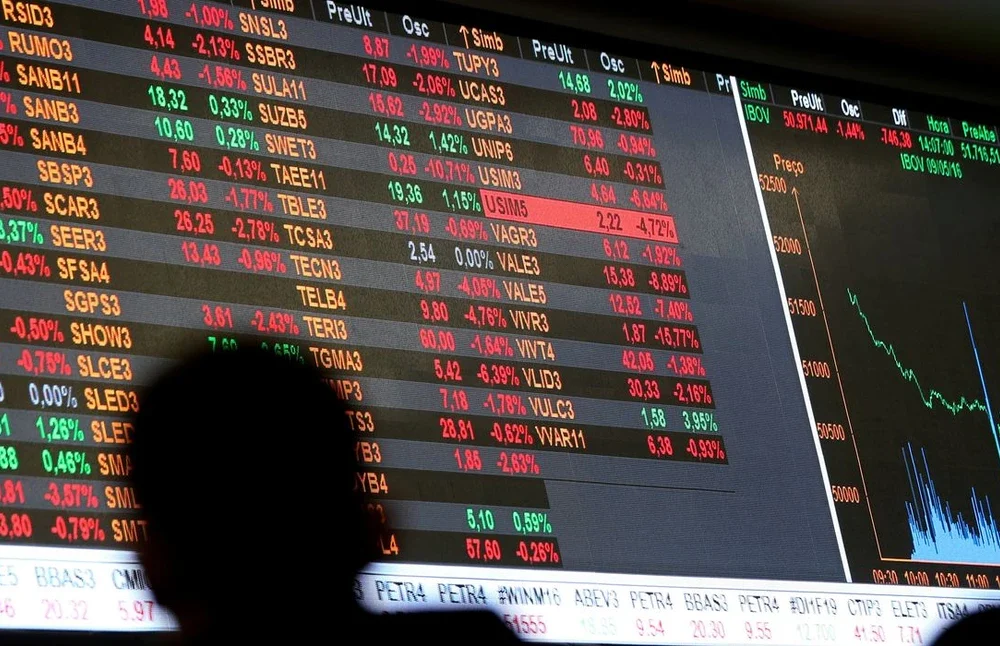 Gráfico que mostra a queda do dólar para R$ 5,00 e a alta do Ibovespa acima de 200 mil pontos após o primeiro turno das eleições