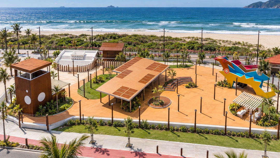 Obra da Praça das Utopias em Cordeirinho com equipamentos de construção e áreas de paisagismo em preparação