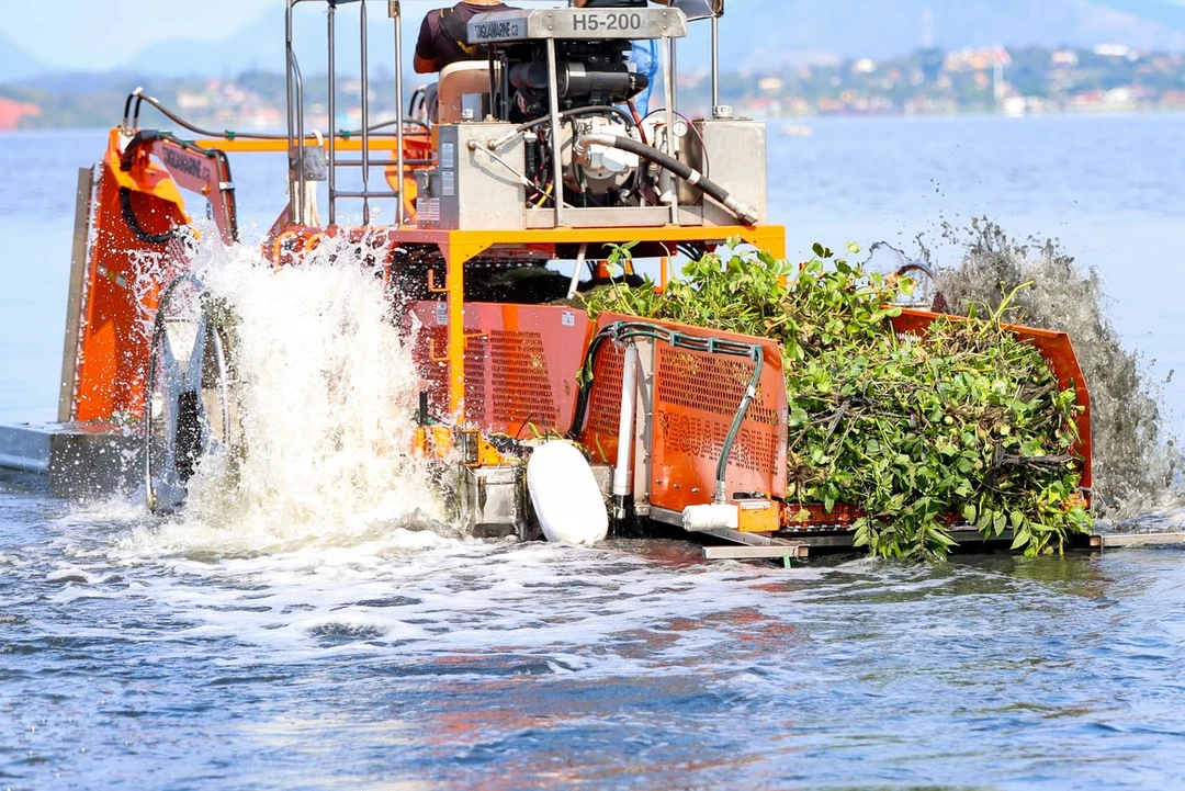 Colheitadeira aquática removendo vegetação da superfície de lagoa em Maricá